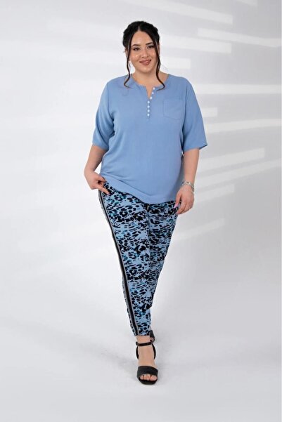 Roxxlen Γυναικείο παντελόνι μεγάλου μεγέθους με λεοπάρ σχέδιο σε μπλε χρώμα