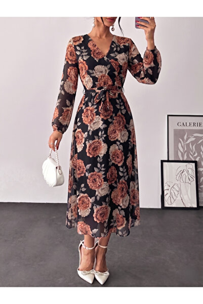 mass fashion Kadın Kruvaze Yaka Çiçek Desenli Uzun Şifon Elbise
