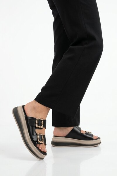 Aspor Black Double Buckle Women's Flat Slippers