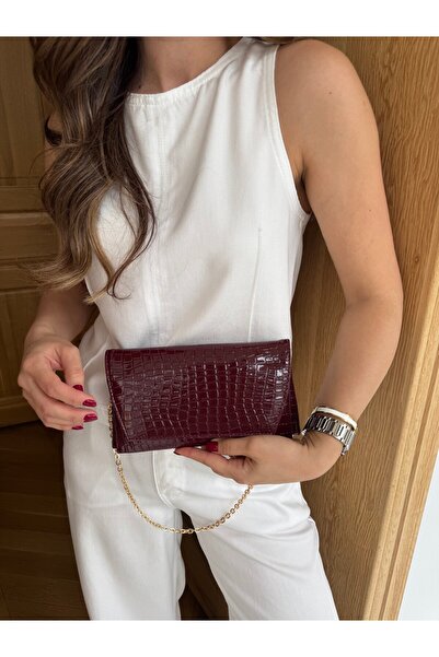 Tina İstanbul Τσάντα Portfolio Crocodile με λουράκι αλυσίδας, Κόκκινο Βουργου...