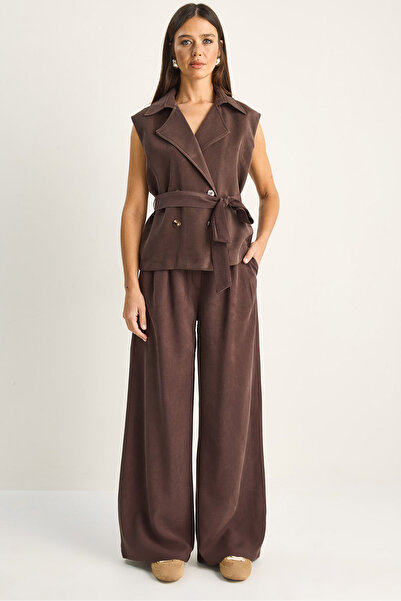 Bianco Lucci Women's Double Breasted Collar Belted Classic Vest High Waist Pa...