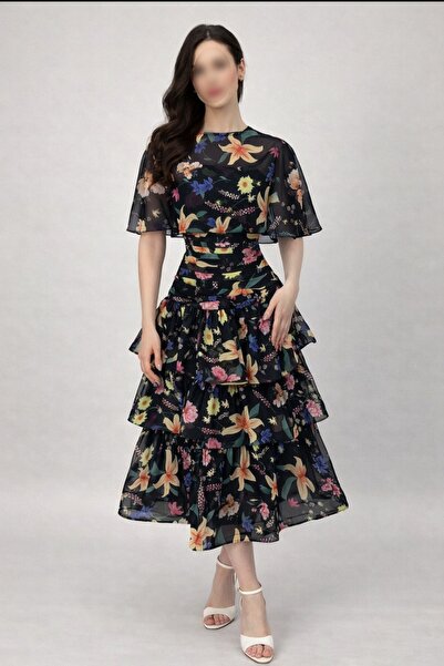 SKY dresses فستان طبقات الزهور اسود