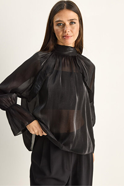 Bianco Lucci Γυναικεία μπλούζα με βολάν, λεπτομερή λεπτομέρεια, όρθιο γιακά, ...