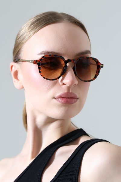 MİLANO KORS Women's Leopard Frame Gold Handle Brown Glass Sunglasses