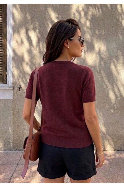hanope Crew Neck Lycra Short Sleeve Burgundy Blouse