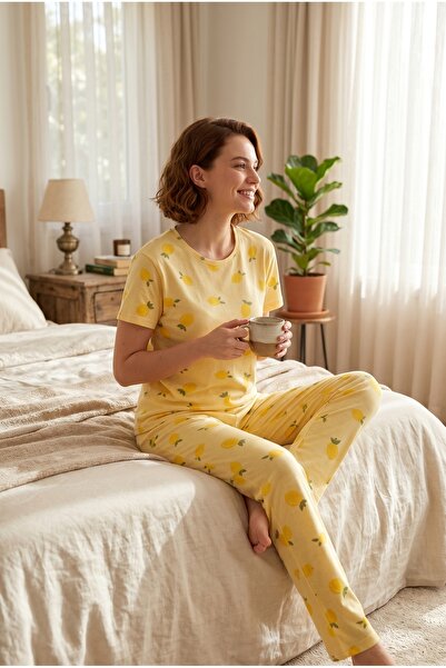MORRO Γυναικείο σετ πιτζάμες με κοντό μανίκι, κίτρινο με σχέδιο λεμόνι, μονόχ...