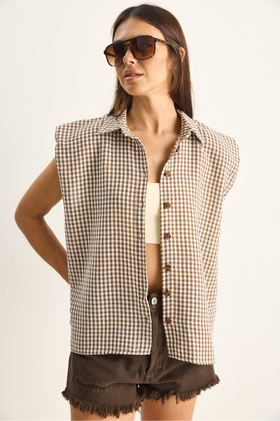 Bianco Lucci Women's 100% Cotton Gingham Patterned Summer Shirt 20218 60286175