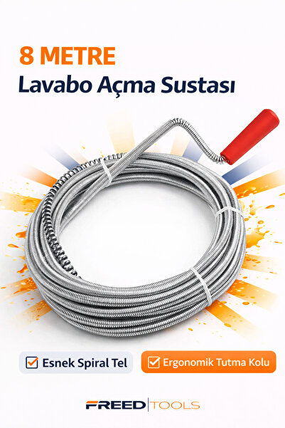FREED TOOLS Tıkalı Banyo Lavabo Deliği Gider Boru Açıcı Aparat 8 Metre Susta