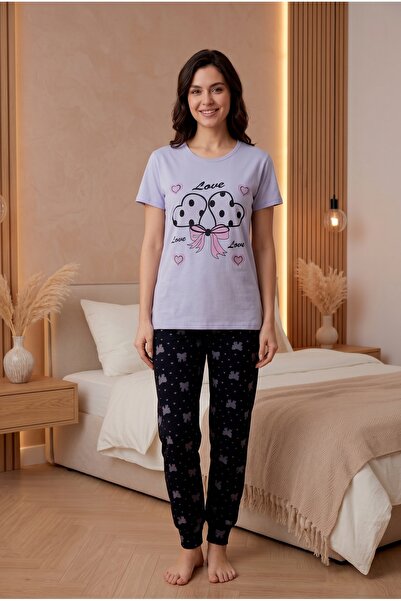 MORRO Γυναικείο σετ πιτζάμες με κοντό μανίκι Lila Love με στάμπα και παντελόν...