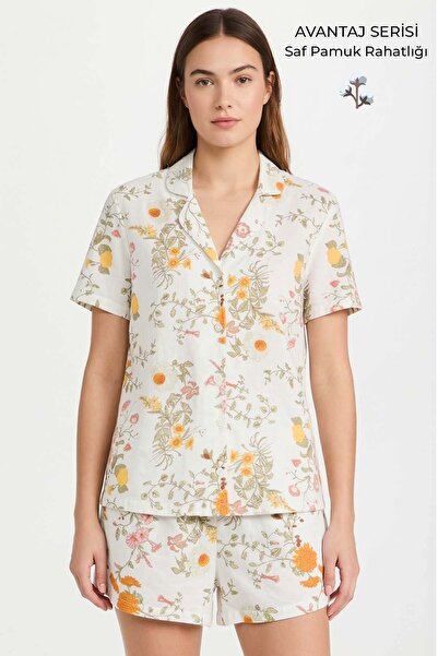 Aytuğ&Mısırlı Egyptian Women's Cotton Floral Pattern Shirt Sort Set Ecru