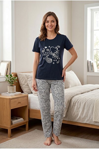 MORRO Γυναικείο σετ πιτζάμες με κοντό μανίκι με λεοπάρ σχέδιο & μπλε ναυτικό ...