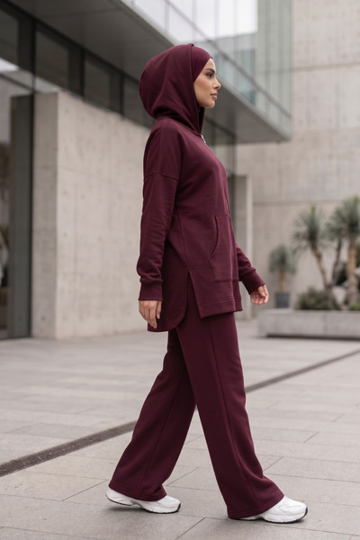 Zeneva Collection Burgundy Hooded Zippered Hijab Plain Set 5400