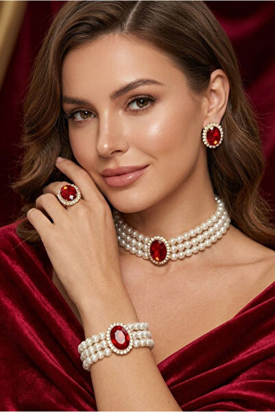 Happyline Cam İncili kırmızı oval taşlı gold kaplama inci choker kolye tasarı...