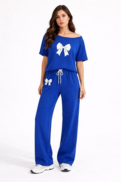 trendgar Blue Women's Wide Collar Detailed Bow Printed Loose Pants Top and Bo...