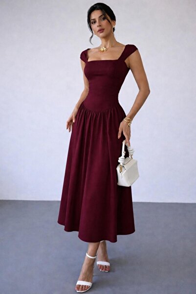 MEGOMEL Γυναικείο φόρεμα μίντι με τετράγωνο γιακά, κομψό καθημερινό και επίση...