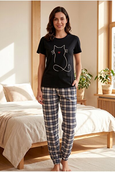 MORRO Γυναικείο σετ πιτζάμες με κοντό μανίκι Μαύρη γάτα με στάμπα και καρό πα...