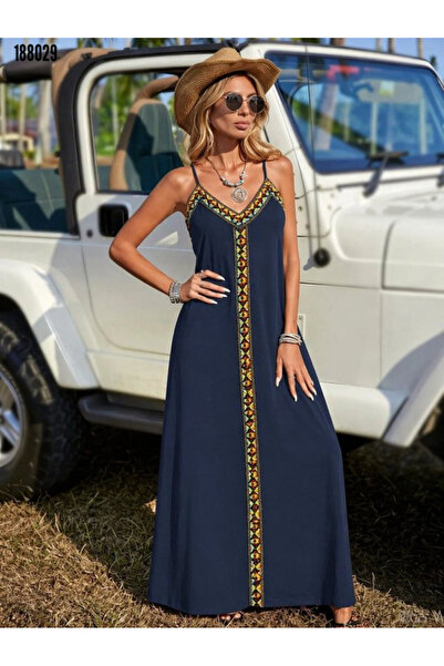 Kokosh moda Kadın Etnik Desen Detaylı Askılı V Yaka Uzun Yazlık Elbise