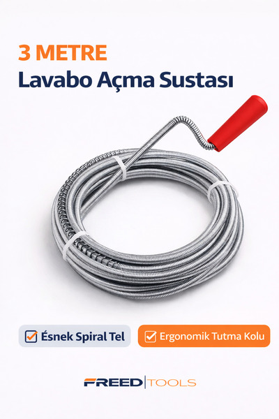 FREED TOOLS Tıkalı Banyo Lavabo Deliği Gider Boru Açıcı Aparat 3 Metre Susta
