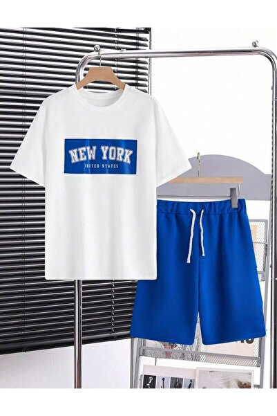trendgar Λευκό Σετ με Λεπτομέρεια Εκτύπωσης Νέας Υόρκης και Μπλε Σορτς