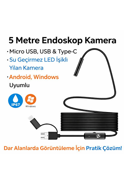 electroawm 5 Metre Endoskop Kamera Su Geçirmez LED Işıklı Boroskop Yılan Kame...