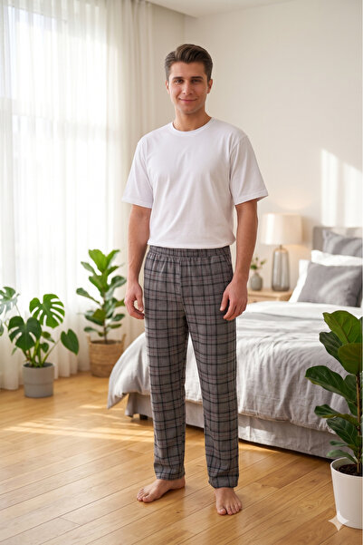 Arvin Pijama Ανδρική καρό βαμβακερή πιτζάμα με ελαστική μέση χωρίς τσέπη σε γκρι