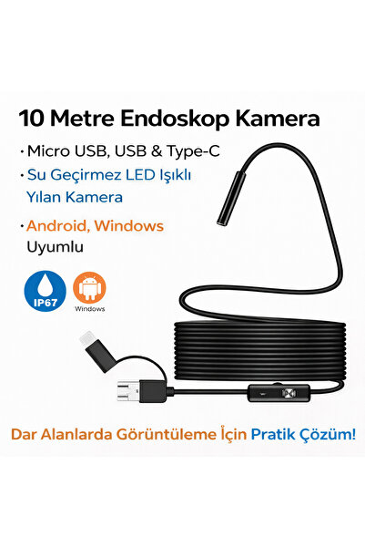 electroawm 10 Metre Endoskop Kamera Su Geçirmez LED Işıklı Boroskop Yılan Kam...