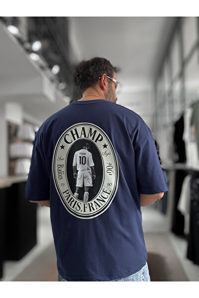 BYBASICMAN Тъмносиня овърсайз тениска с принт на Зидан RES-1098