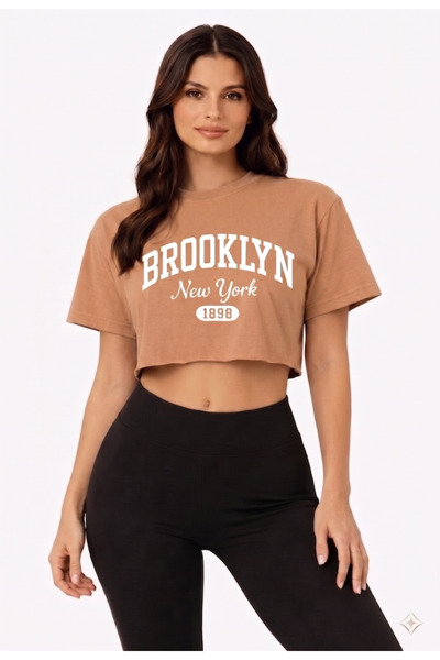 Lizbon Style Γυναικείο καφέ μπλουζάκι με στάμπα Brooklyn, Oversize, άνετη εφα...