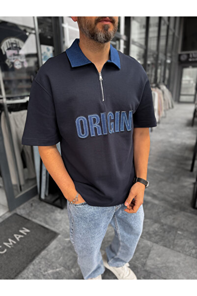 BYBASICMAN Тъмносиня тениска с дънкова яка и нашивки  "Ориджин " RES-1095