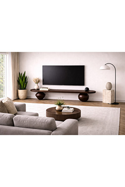 Trihome Heykelsi Torna Ayaklı Masif Ahşap TV Ünitesi – Modern Tasarım Televiz...