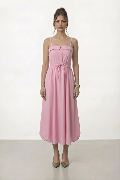 VAGGON Φόρεμα μίντι με λεπτομέρεια κουμπιών στο λαιμό, δέσιμο στη μέση, ελαστ...