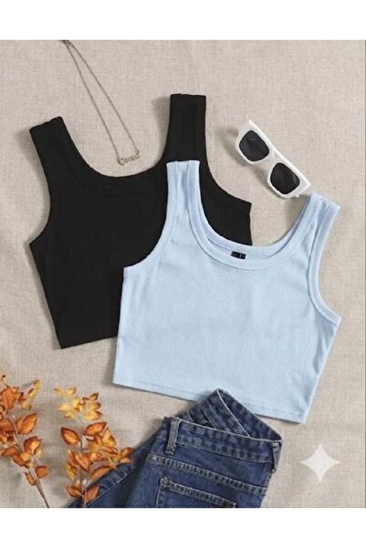MİLYA&GYM Women's 2-Piece Cotton Camisole Ribbed Fabric Thick Strap Square Ne...