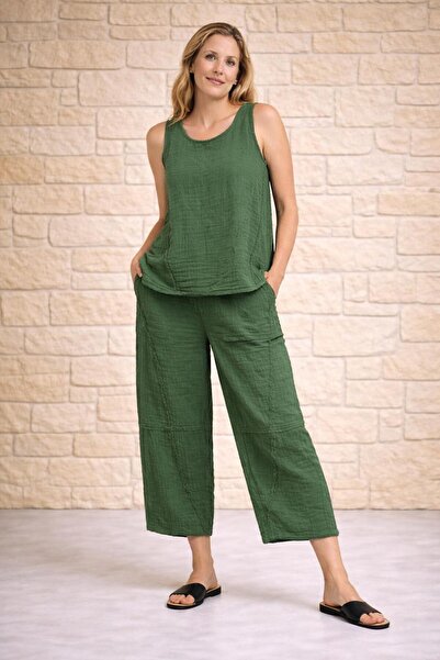 AGORATEKSTİL Γυναικεία μπλούζα και παντελόνι από μουσελίνα με ραφές, αμάνικο ...