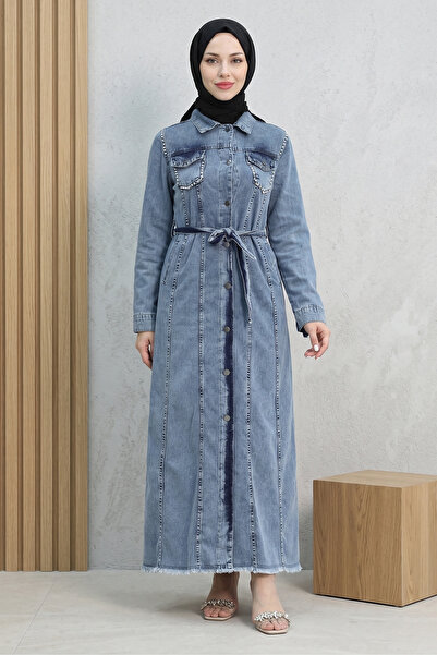 FERHEL Women's Stone Embellished Waist-Tied Full Button Denim Dress Cap - Blue