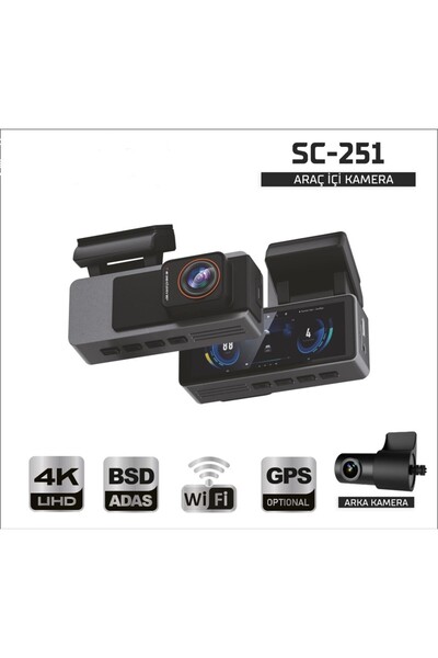 SIEGEN Sentinel SC-251 Araç İçi Kamera 4K UHD WiFi Çift Kameralı Dash Cam Ark...