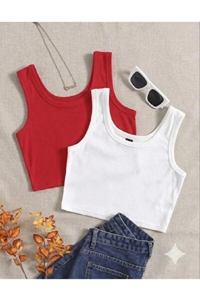MİLYA&GYM Women's 2-Piece Cotton Camisole Ribbed Fabric Thick Strap Square Ne...