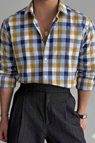 Tarz Cool Men's Plaid Shirt Slim Fit Cotton Long Sleeve Casual Stylish Shirt