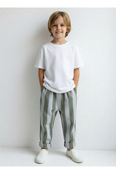 Catz Kids Παντελόνι για αγόρια 100% βαμβακερό πράσινο μπλε με χοντρές ρίγες κ...