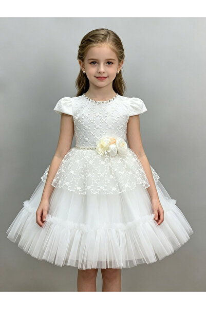 Greneric White Girl Princess Dress with Lace Embroidery & Layered Tullefor 2-...