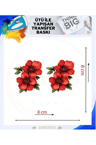 ASELİNDA Kırmızı Çiçek desenli Ütü İle Yapışan Dtf Transfer Tekstil Baskı Kağıdı