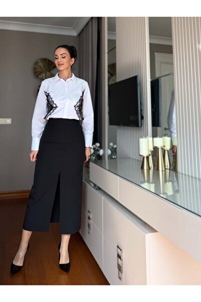 Atelier Derin Black Front Slit Maxi Pencil Skirt