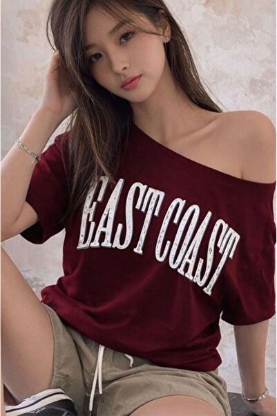 trendgar Burgundy Women's East Coast Printed Wide Asymmetric Collar Regular F...