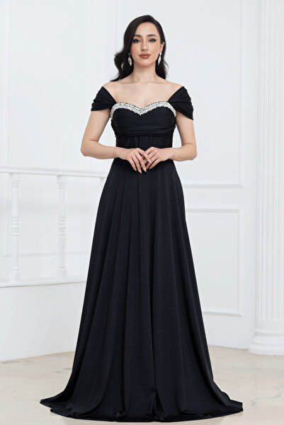 BEYBOS Βραδινό φόρεμα από σατέν ύφασμα με λεπτομέρεια από πέτρα Balen - ΜΑΥΡΟ