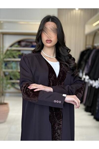 aljmal alraqi abaya بليزر | عباية ميرلا بقماش كريب باربي بنفسجي مع مخمل بني