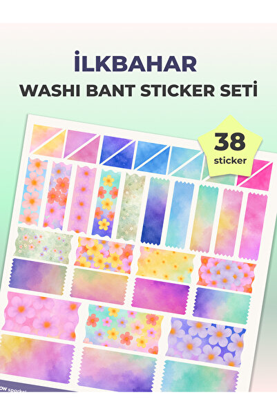 İlkbahar & Çiçek Temalı Washi Sticker Set, Bant & Üçgen Form, Bullet Journal & Planner, 38 Adet
