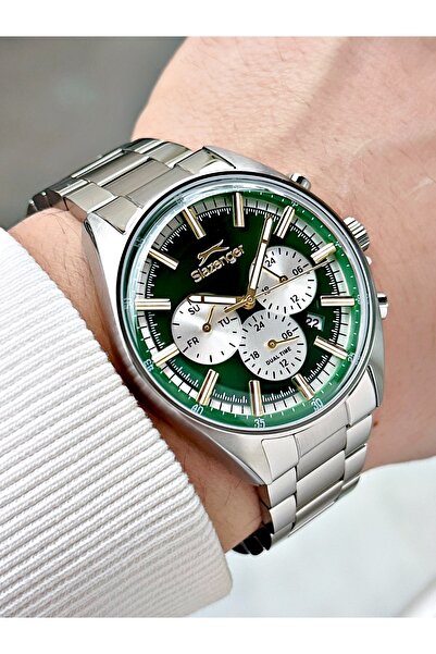 Slazenger ساعة يد رجالية متعددة الوظائف ذات سوار فولاذي باللون الفضي والأخضر ...