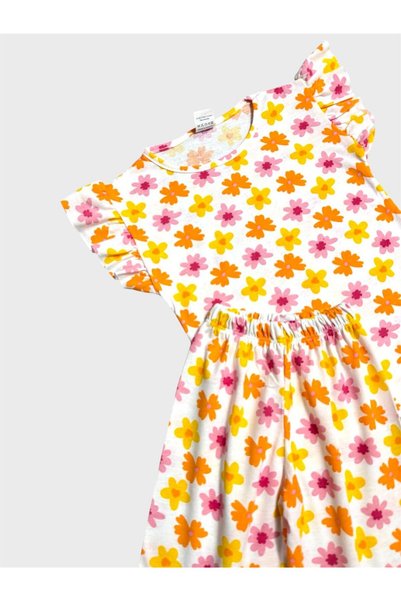 tusem butik homewear Girls Cotton White Orange Floral Patterned Short Sleeve Shorts Pajama Set with Ruffle Sleeves