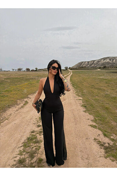 kırmızı butiks Μαύρη κεχριμπαρένια ολόσωμη φόρμα με λαιμόκοψη