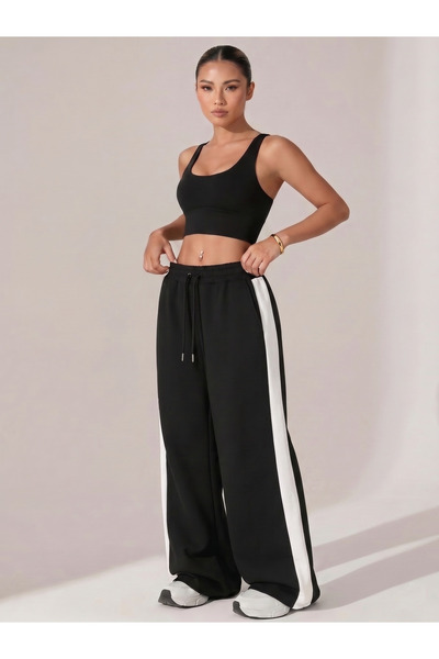 DAXİS Sportwear Company 3'LÜ KADIN Baggy Rahat Kesim Beyaz Şeritli Bol Eşofman Altı