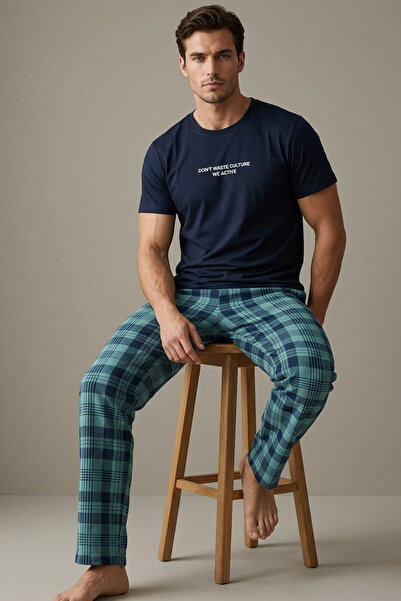 Siyah İnci Σετ πιτζάμες με κοντό μανίκι σε μπλε ναυτικό και πράσινο καρό σχέδ...